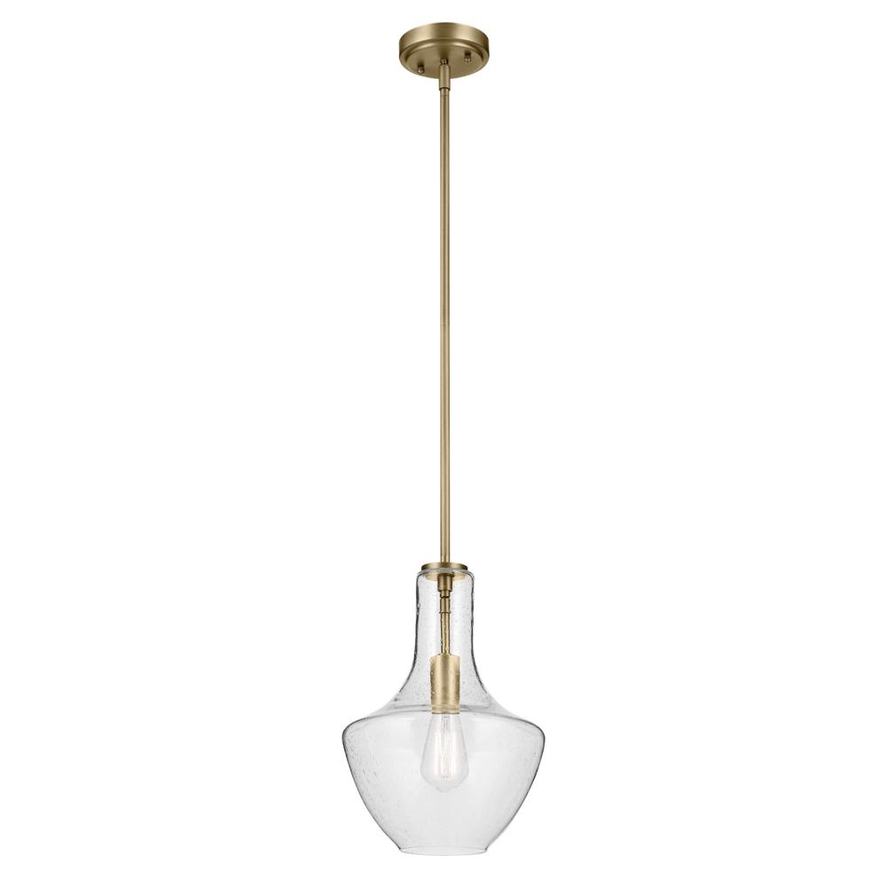 Everly 15.25" 1-Light Bell Pendant with Clear Seeded Glass in Brushed Natural Brass