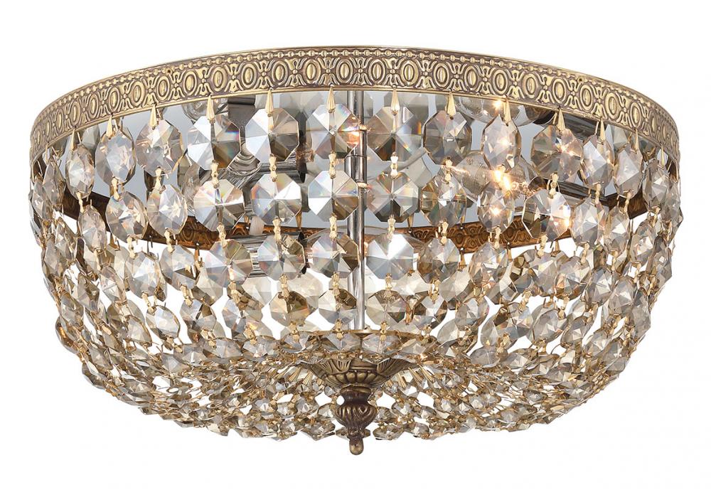 Crystorama 3 Light Golden Teak Hand Cut Crystal Olde Brass Flush Mount