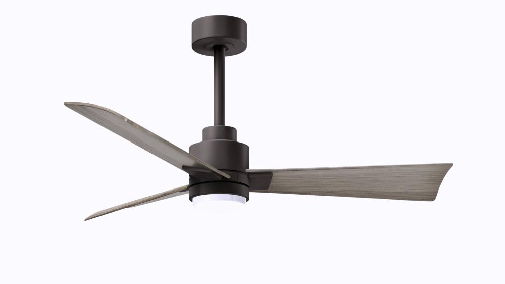 Alessandra 3-blade transitional ceiling fan in textured bronze finish with gray ash blades. Optimi