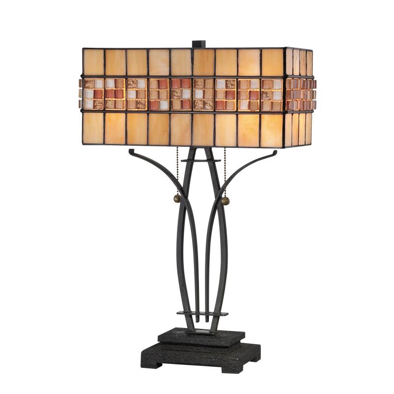 Two Light Vintage Bronze Tiffany Glass Table Lamp