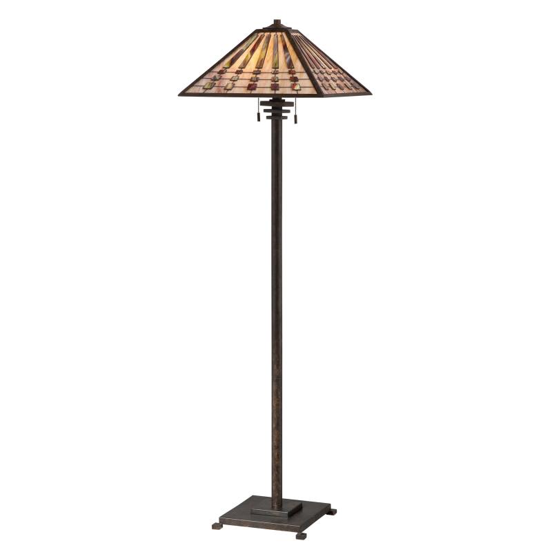 Two Light Tiffany Glass Indio Bronze Floor Lamp