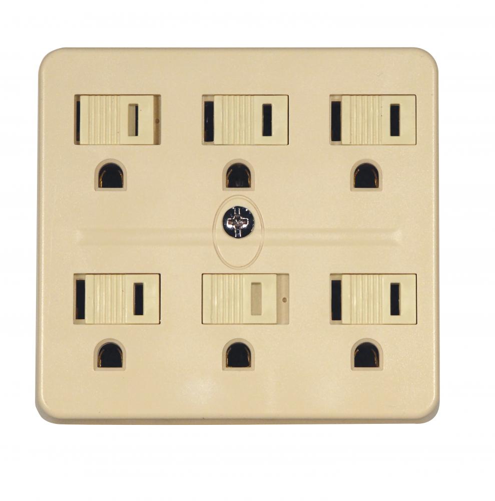 6 Outlet Grounded Adapter; Ivory Finish; 15A-125V; 1875W