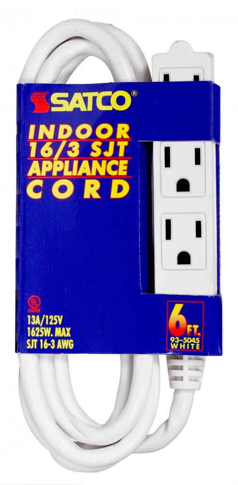6 Foot Extension Cord; White Finish; 16/3 SJT; Indoor Only; 13A-125V-1625W Rating