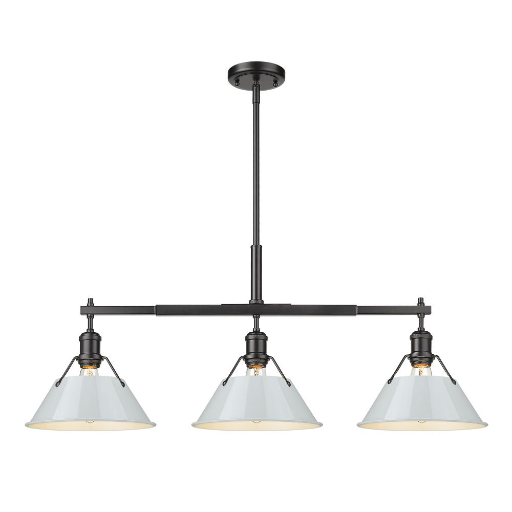 Orwell BLK 3 Light Linear Pendant in Matte Black with Dusky Blue shades